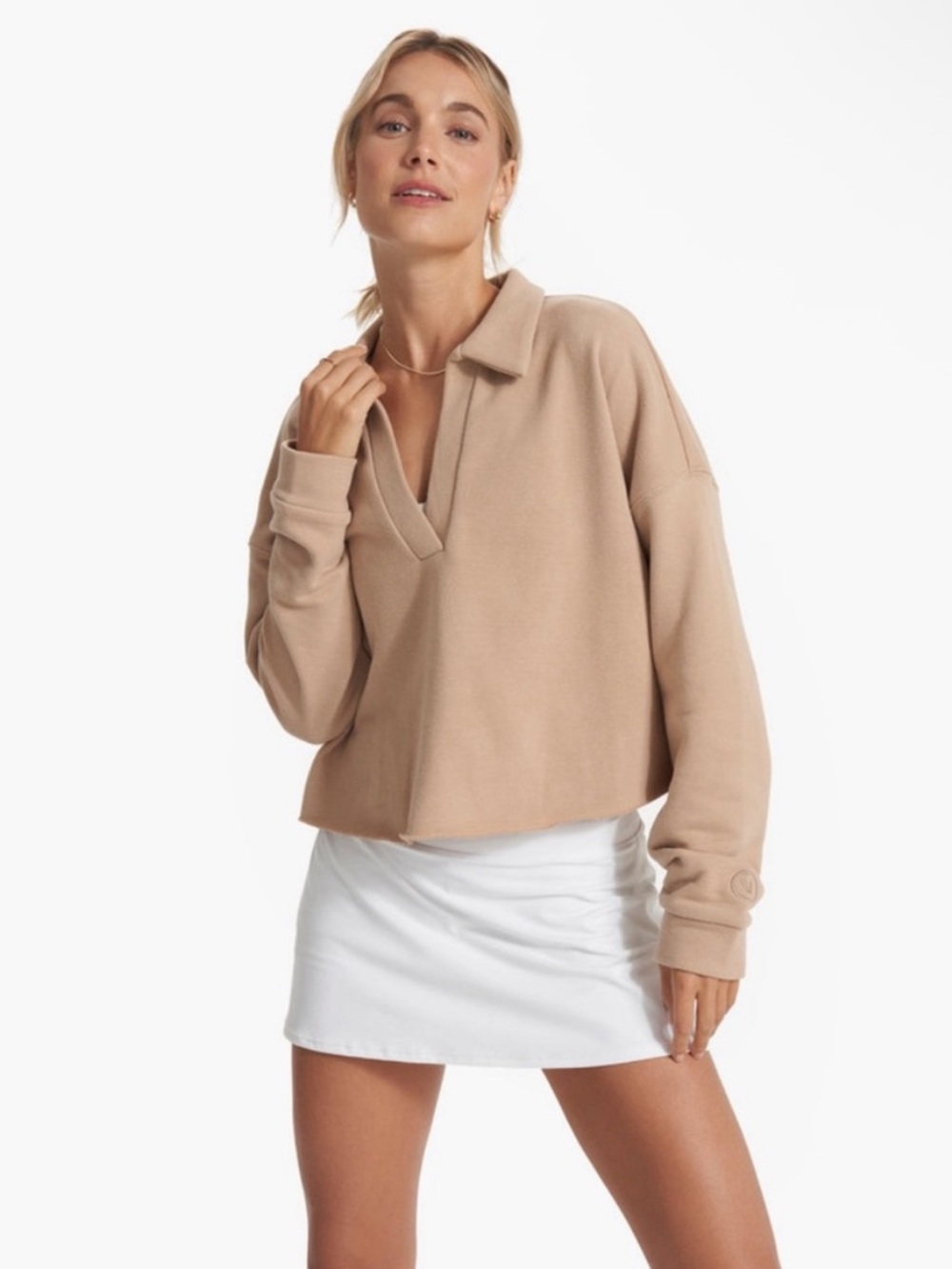 Vuori Sedona Polo Crop Top Raw Hem L/S Shirt Women’s Size Medium in Coconut